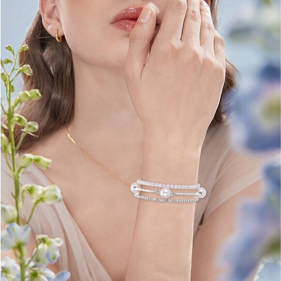 Three-Layer Pearl and Rhinestone Bracelet - Exquisite Silver Stackable Elegance - Picture 7 of 7